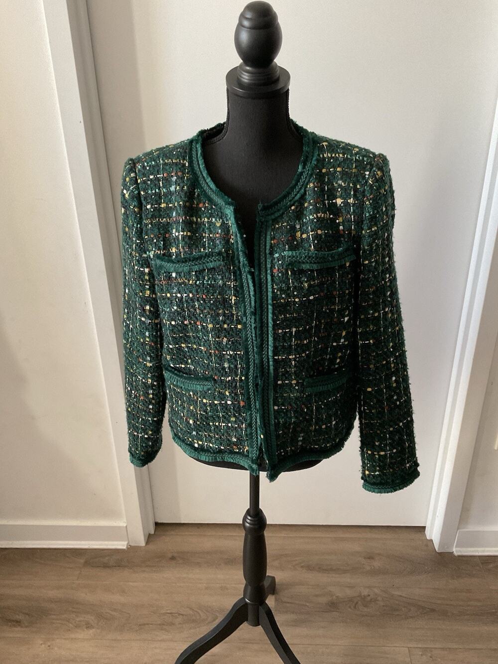 Tahari Green Tweed Boucle Jacket Women’s Size L Fringe Trim Open Front Blazer